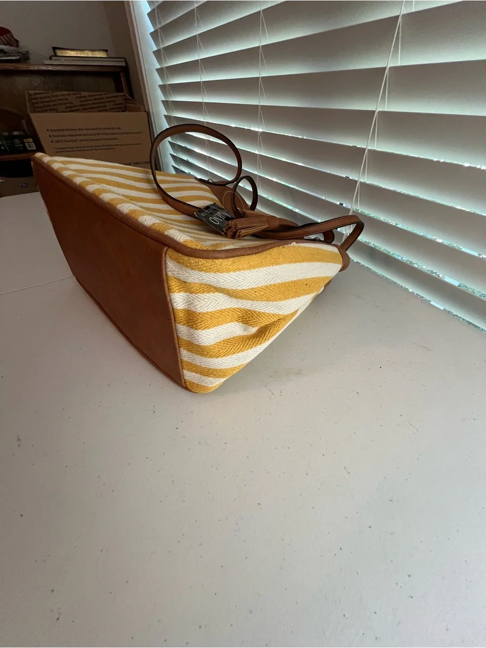 Bueno Yellow and White Striped Hobo with Brown Trim and Tassels